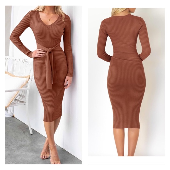 Sweater Dress V Neck Long Sleeve Ribbed Knit Slim Fit Bodycon Midi Dresses - Picture 2 of 4
